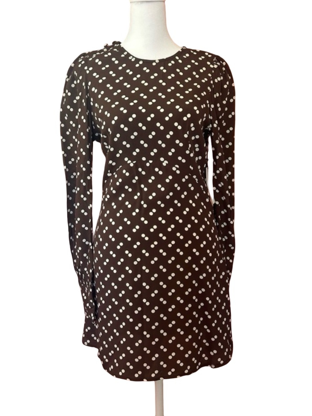Anthropologie brown long puff sleeve polka dot mini dress Flynn Skye Lydia NWT S